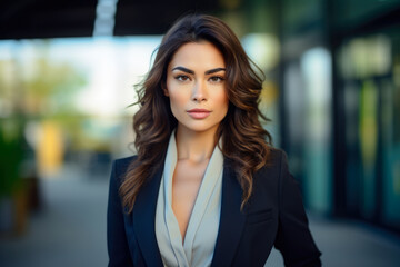Fototapeta premium Smiling multicultural businesswoman with her office in the background