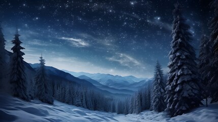 Fototapeta na wymiar Forest on a mountain ridge covered with snow. Milky way in a starry sky. Christmas winter night.