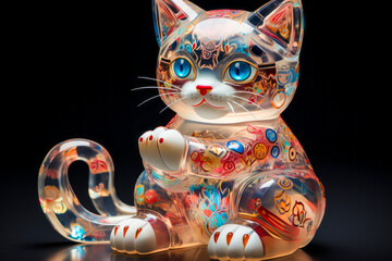 Futuristic Maneki Neko, holographically gathered from digital pixels, waving its paw in an ethereal cyber landscape on plain studio background.
