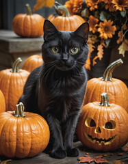  black cat surrounded by pumpkins, perfect for setting a Halloween mood 