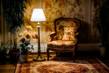 Louis traditional art interior design, sofa with pillow and lamp.