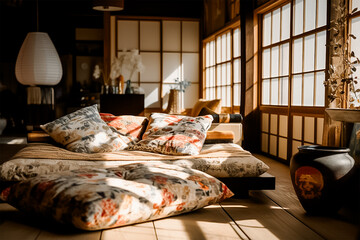 Japanese interior design living room, cushion pattern art.