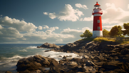 Lighthouse on seashore with a beam of light shining out to sea. Generative AI