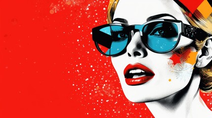 Portrait of a beautiful young woman in sunglasses on a red background. illustration banner, ai generative
