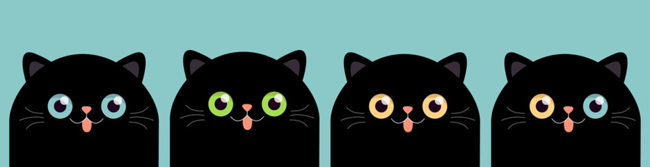 Black cat set. Face head silhouette. Blue, yellow, green eyes. Cute cartoon baby character. Kawaii pet animal. Funny kitten. Pink nose, ears, tongue. Sticker print. Flat design. Blue background.