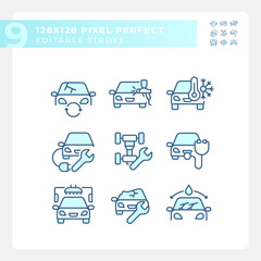 Pixel perfect blue icons representing car repair and service, editable thin line illustration set.