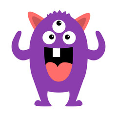 Cute monster. Happy Halloween. Head face with tongue, ears. Violet silhouette monsters. Cartoon kawaii funny boo character. Childish baby collection. T-shirt design. White background. Flat design.