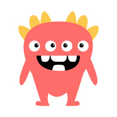 Fototapeta premium Cute monster. Happy Halloween. Head face with tooth fang. Pink silhouette monsters. Cartoon kawaii funny boo character. Childish baby collection. T-shirt design. White background. Flat design.