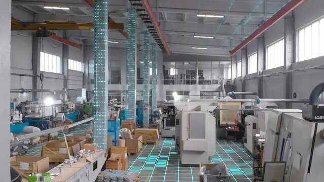 Workshop of a modern factory. Flight through the workshop of a modern factory. Visualization of artificial intelligence in a modern factory