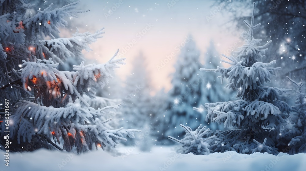 Wall mural Frosty winter landscape in snowy forest. background with fir trees and blurred background of winter.