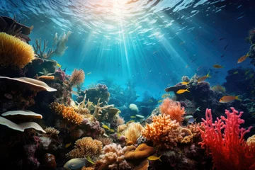 Foto op Aluminium Underwater with colorful sea life fishes and plant at seabed background, Colorful Coral reef landscape in the deep of ocean. Marine life concept, Underwater world scene. © TANATPON