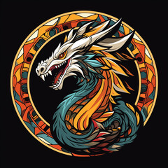 Multicolored graphic logo of a mesoamerican dragon in a circle