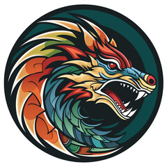 Multicolored graphic logo of a mesoamerican dragon in a circle