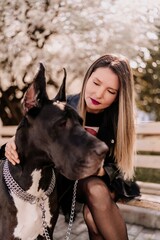 A woman walks with her Great Dane in an urban setting, enjoying the outdoors and the company of her...