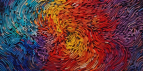 A fingerprint abstraction with a kaleidoscope of colors and triangular patterns, representing the diversity of human identity.