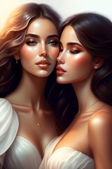 portrait of a woman beautiful woman kissing other woman as magic healer, long hair, white and rose cloth, shiny background, intricate, elegant, highly detailed, digital painting, artstation, concept a