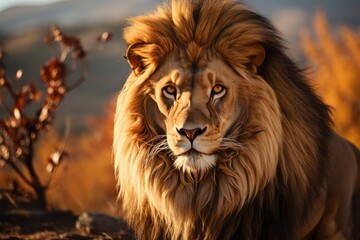 Fototapeta premium A majestic lion, with a magnificent golden mane, stands proudly atop a rocky outcrop, its powerful muscles tensed in a regal pose.