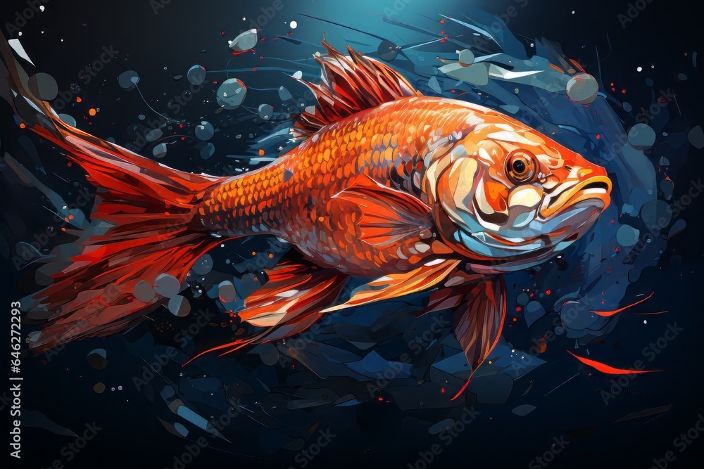 Poster An abstract fish design with concentric circles and arcs, suggesting a hypnotic and mesmerizing effect.
