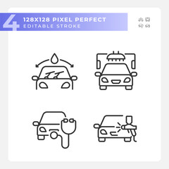 Pixel perfect black icons set representing car repair and service, editable thin linear illustration.