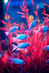 A vibrant school of neon tetras, their iridescent blue and red colors shining in an aquarium.