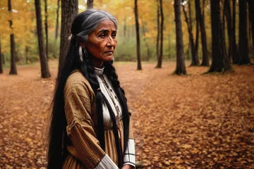 Foto op Plexiglas Portrait of an elderly Native American woman in national costume in an autumn forest with yellow fallen leaves. © cmapuk_0nline