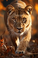 Naklejka premium In the heart of the African wilderness, a fierce lioness gracefully strides through the tall grass, her sleek and tawny form blending seamlessly with her surroundings.