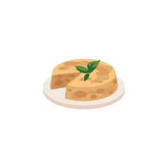 Spanish food cuisine, vector cartoon illustration of flan on plate, delicious pie with mint leaves, traditional dish