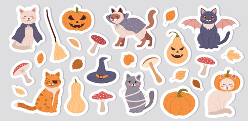 A set of stickers with cats, pumpkins, mushrooms for halloween