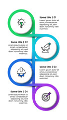 Infographic template. 4 vertical linked circles with icons and text