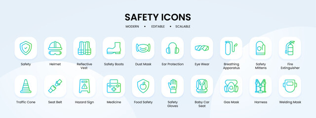 Safety icon collection with blue and green gradient outline style. safety, set, protection, security, symbol, collection, sign. Vector Illustration