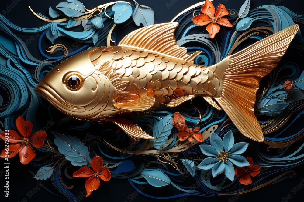 Poster a fish abstraction with intricate patterns resembling a labyrinth, symbolizing the mysteries of aqua
