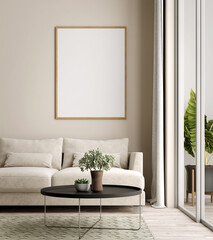 Blank picture frame  mockup in white living room.3d rendering