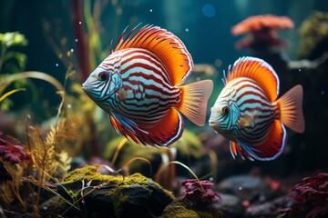 Obraz na płótnie Canvas A pair of colorful discus fish in an aquarium, their circular bodies displaying striking patterns.