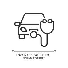 2D pixel perfect editable black car health icon, isolated vector, thin line simple illustration representing car service and repair.