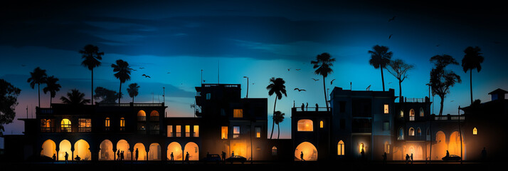 Captivating silhouette of a grand colonial-era Ivorian building with elegant arches and balconies, outlined against a mysterious dark blue night sky.