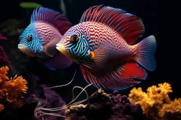 Fototapeta na wymiar A pair of colorful discus fish in an aquarium, their circular bodies displaying striking patterns.