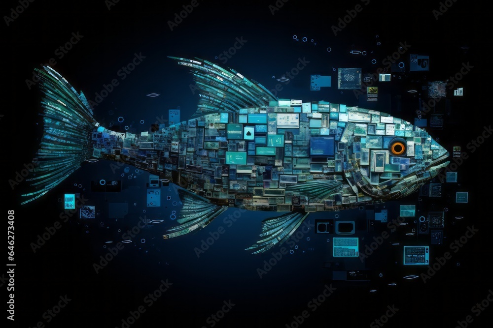 Poster a fish-shaped mosaic of squares and rectangles, creating an abstract aquatic illusion.
