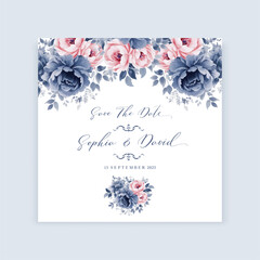 Wedding pastel floral square Save The Date card design with vintage blue and pink watercolor flowers. vector template
