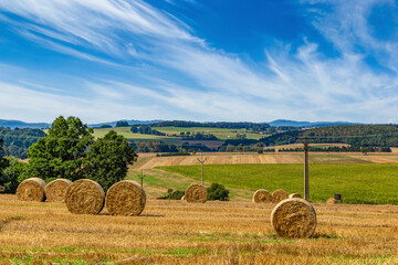 Round hay bale on a field with trees and a farms under a blue cloudy sky.