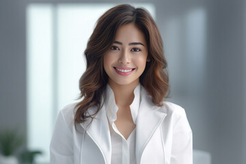 Photo hyper realistic scientist with dark brown hair wearing lab coat looking at camera on some effect background. Generative AI.