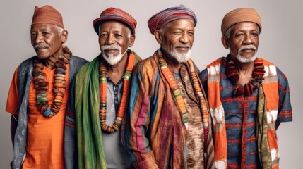 Fototapeta premium Studio portrait of older men in colorful clothing, striking a pose. Generative AI