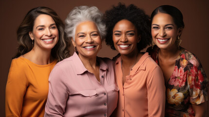 Fototapeta premium Elderly women wearing colorful clothes, studio backdrop, smiles. Generative AI