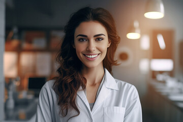 Naklejka premium Photo hyper realistic scientist with dark brown hair wearing lab coat looking at camera on some effect background. Generative AI.