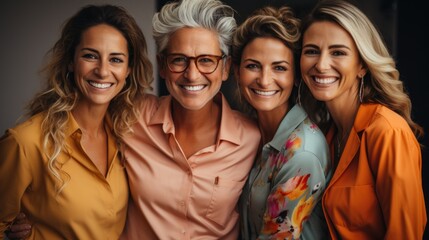 Group of elderly women in bright clothing, studio portrait. Generative AI