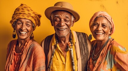 Elderly men and women, vibrant clothing, joyful posing against studio backdrop. Generative AI
