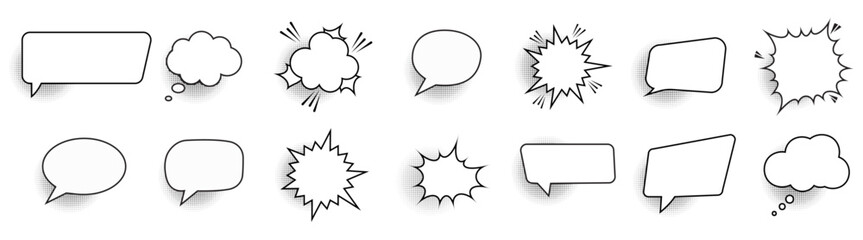 Speech bubble set. Retro empty comic talk icons  collection with black halftone vintage comic style.