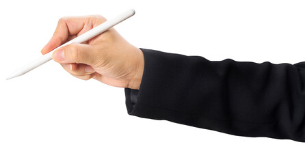 BusinessWoman hand holding Digital pen up in the air on white background, woman hand holding Digital pen signing on the air isolate on white PNG File.