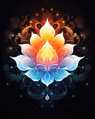 Beautiful lotus flower with decorative elements on dark background. Vector illustration