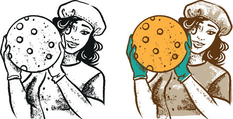 Hand drawn sketch woman with cheese. Vector black and white and color vintage illustration. Isolated object on white background