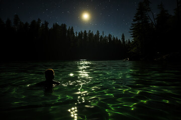 Enthralling depiction of a single figure floating serenely in a tranquil lake, captured during a midnight swim under the vast night sky, offering escape and introspection.